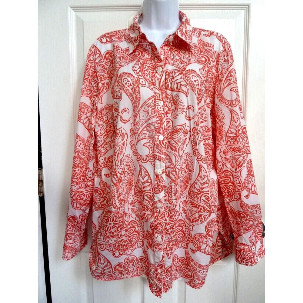 Style & Co Womens 16 Coral White Paisley Cotton Roll-Tab Sleeve Tunic Blouse